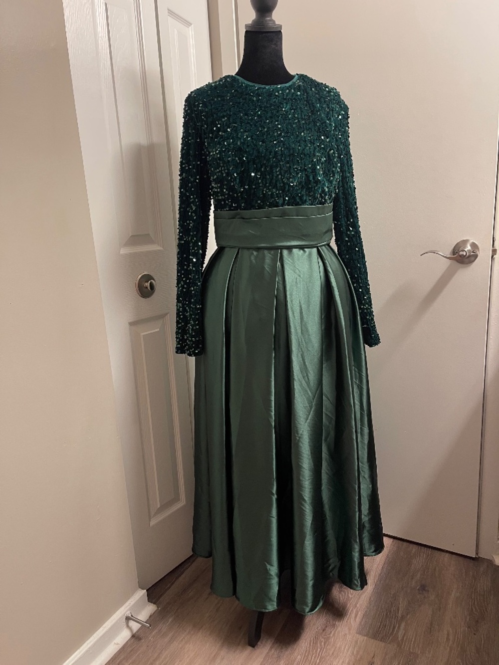 A tear-length green gown with a beaded with zip at the back